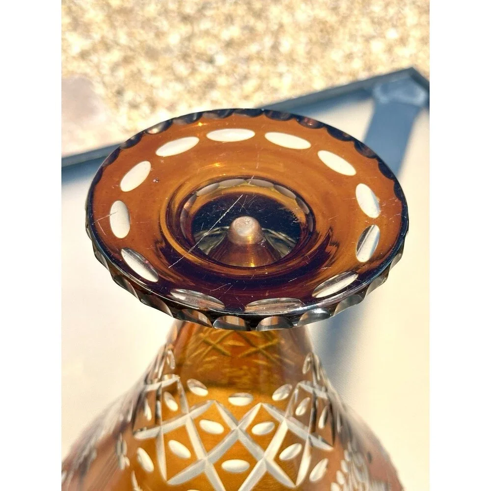 Vintage Bohemian Amber Flash Cut to Clear Glass Vase " Floral Engraved Czech - Picture 15 of 16